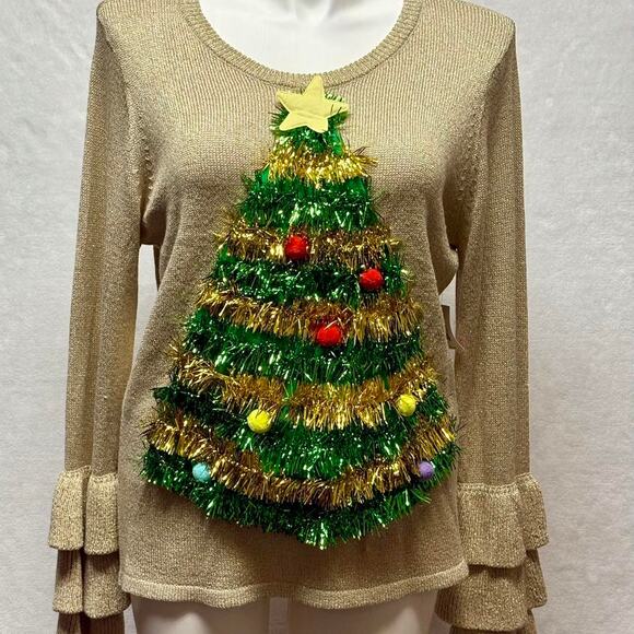 Metallic Sparkle Gold Ruffle Sleeve 3D Christmas Tree Ugly Christmas Sweater XXL - Picture 1 of 8